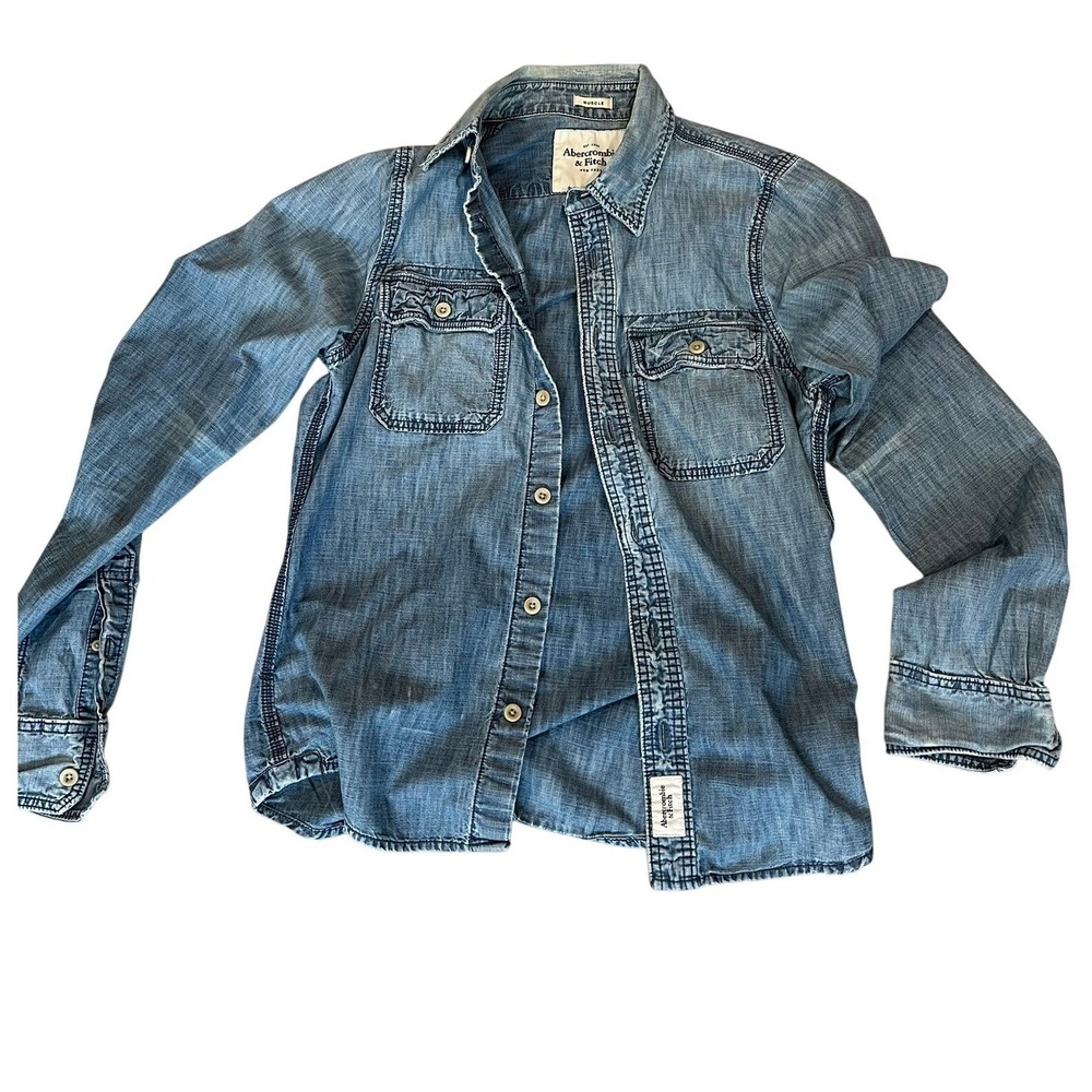 Abercrombie & Fitch Mens Muscle Fit Denim Shirt Wash Blue Medium Long Sleeve